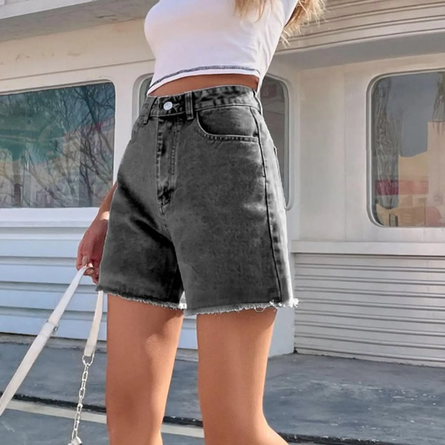 Bermuda Jean Shorts for Women High Waisted Trendy Stretchy Long Denim Shorts Straight Leg Cutoff Casual Pants w/Pocket