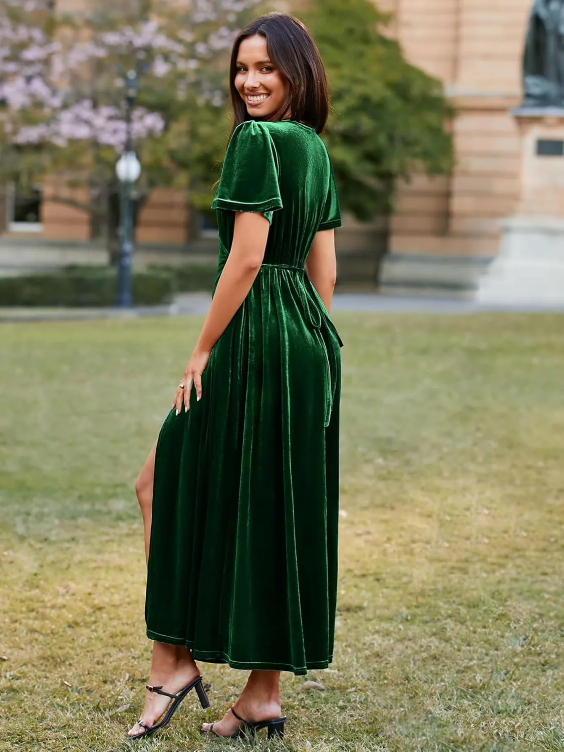 BerryGo Women's Velvet V Neck Wrap Fall Maxi Dress Formal Bell Sleeve Bridesmaid Cocktail Party Long Dresses