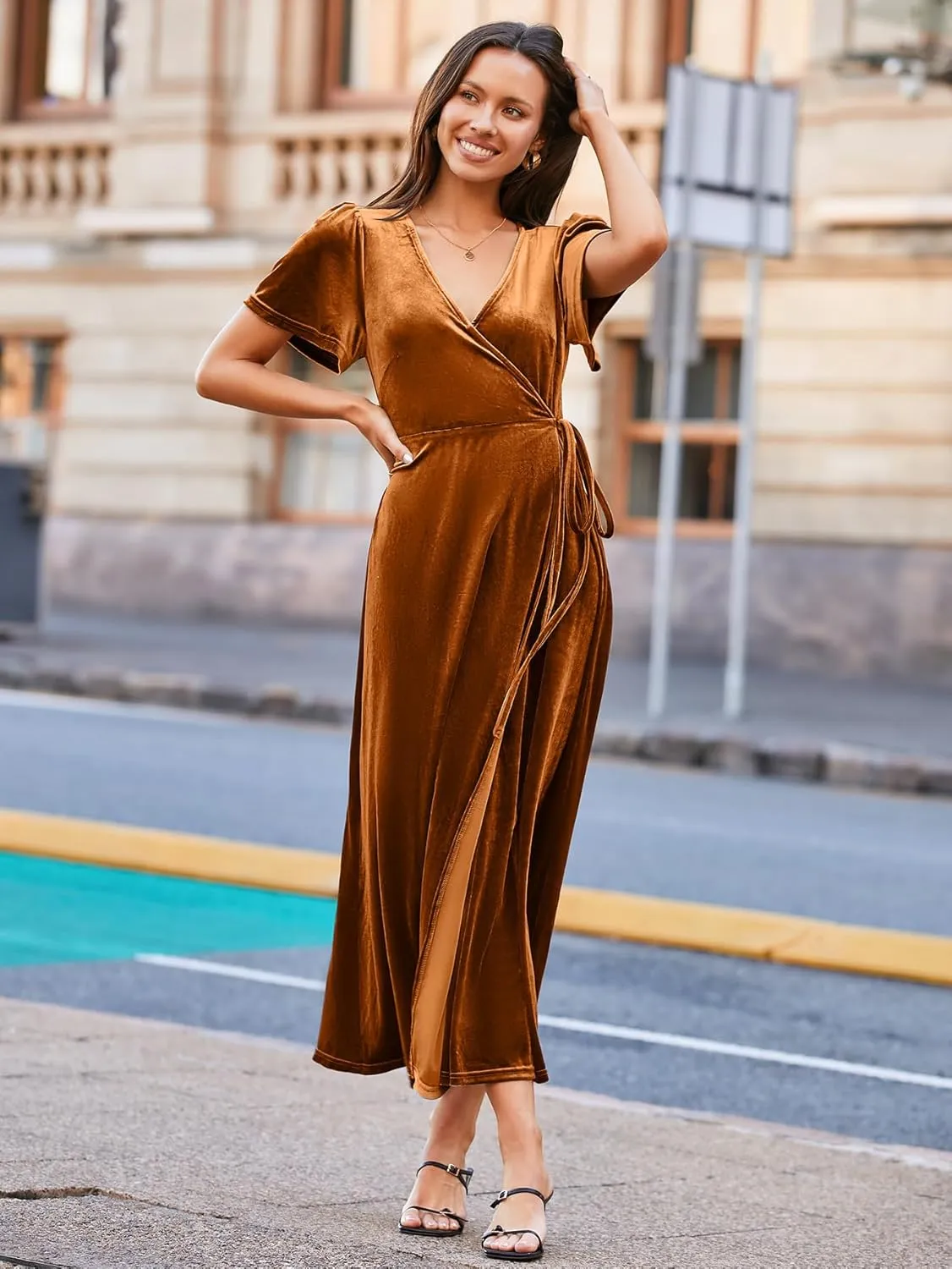 BerryGo Women's Velvet V Neck Wrap Fall Maxi Dress Formal Bell Sleeve Bridesmaid Cocktail Party Long Dresses