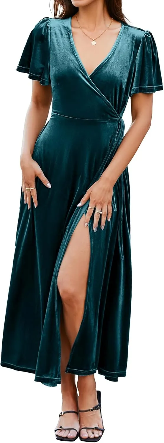 BerryGo Women's Velvet V Neck Wrap Fall Maxi Dress Formal Bell Sleeve Bridesmaid Cocktail Party Long Dresses