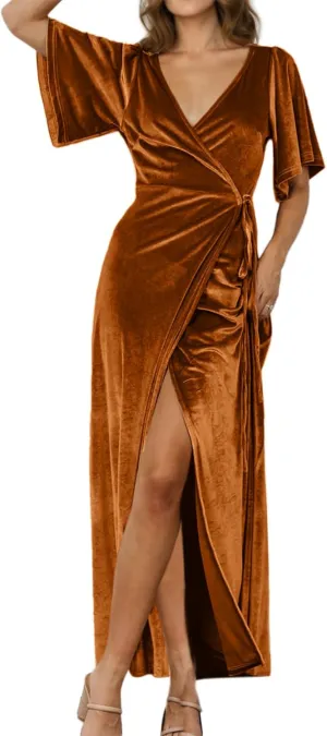 BerryGo Women's Velvet V Neck Wrap Fall Maxi Dress Formal Bell Sleeve Bridesmaid Cocktail Party Long Dresses