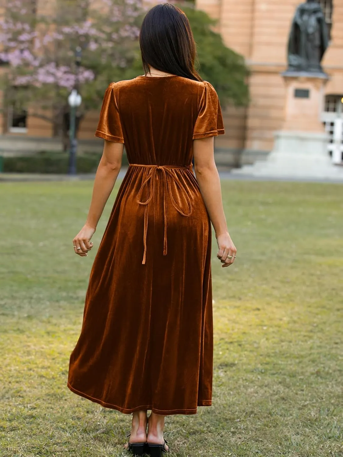 BerryGo Women's Velvet V Neck Wrap Fall Maxi Dress Formal Bell Sleeve Bridesmaid Cocktail Party Long Dresses