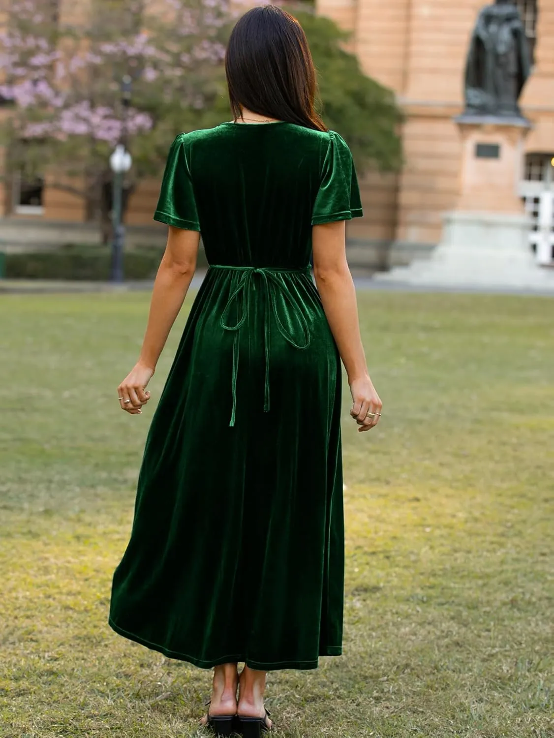 BerryGo Women's Velvet V Neck Wrap Fall Maxi Dress Formal Bell Sleeve Bridesmaid Cocktail Party Long Dresses