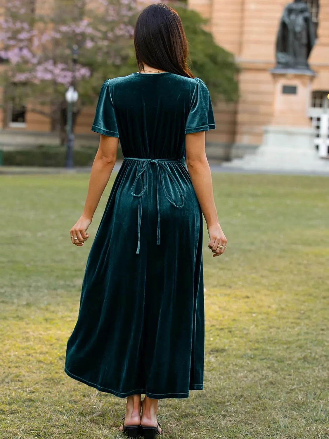 BerryGo Women's Velvet V Neck Wrap Fall Maxi Dress Formal Bell Sleeve Bridesmaid Cocktail Party Long Dresses