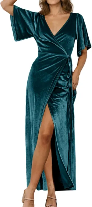 BerryGo Women's Velvet V Neck Wrap Fall Maxi Dress Formal Bell Sleeve Bridesmaid Cocktail Party Long Dresses