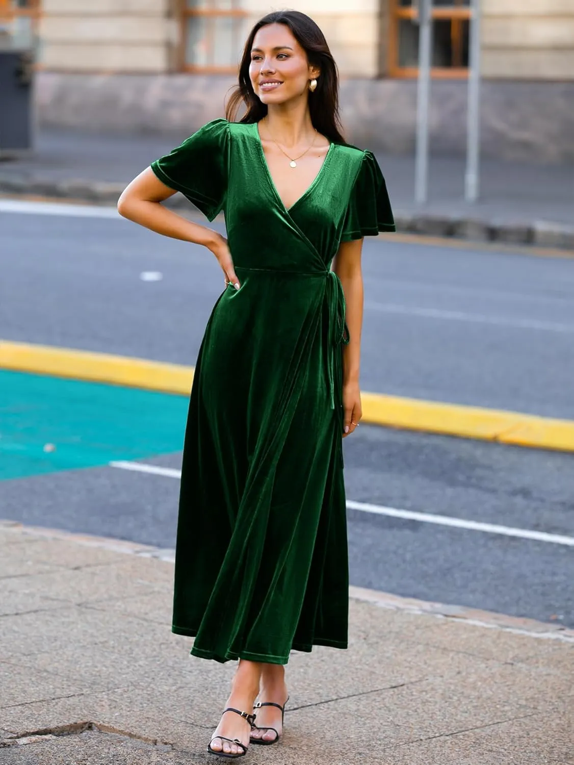 BerryGo Women's Velvet V Neck Wrap Fall Maxi Dress Formal Bell Sleeve Bridesmaid Cocktail Party Long Dresses