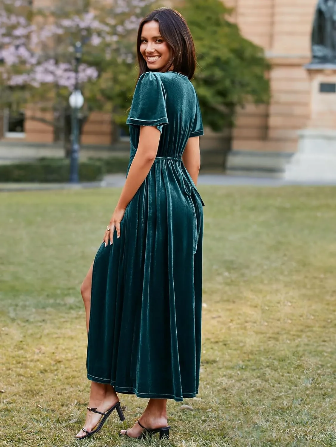 BerryGo Women's Velvet V Neck Wrap Fall Maxi Dress Formal Bell Sleeve Bridesmaid Cocktail Party Long Dresses