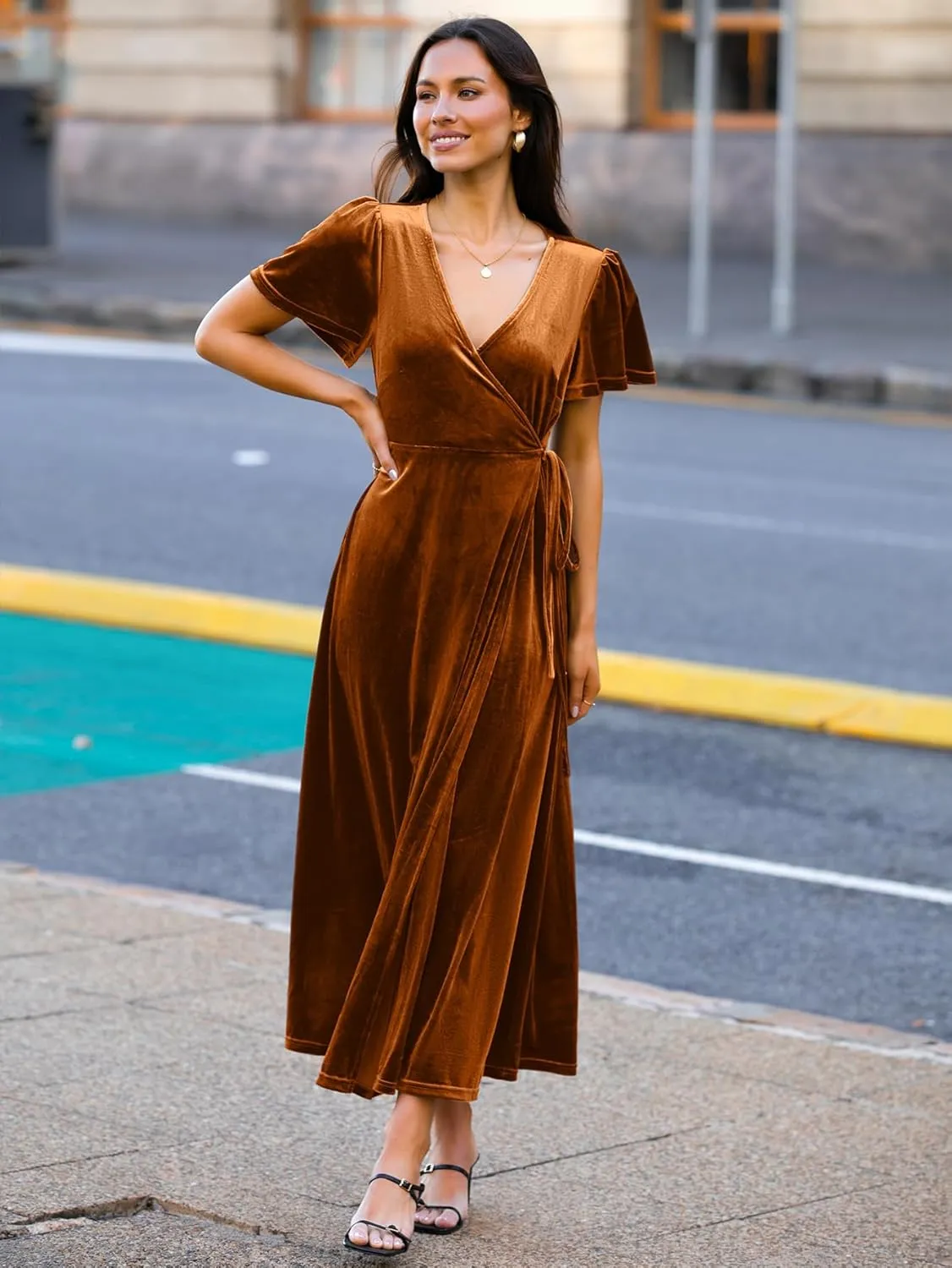 BerryGo Women's Velvet V Neck Wrap Fall Maxi Dress Formal Bell Sleeve Bridesmaid Cocktail Party Long Dresses