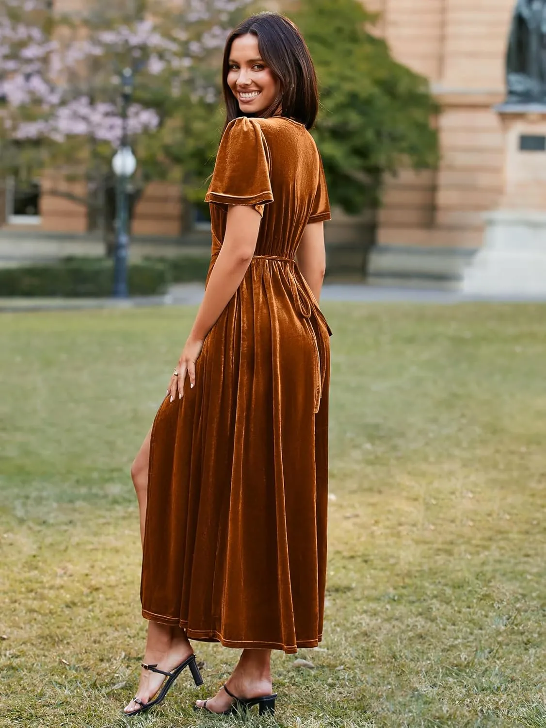 BerryGo Women's Velvet V Neck Wrap Fall Maxi Dress Formal Bell Sleeve Bridesmaid Cocktail Party Long Dresses
