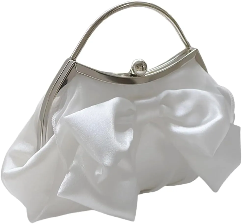 Bows Decors Glossy Metal Chain Kiss Lock Evening Bag Shoulder Handbag for Weddings and Parties Detachable Strap