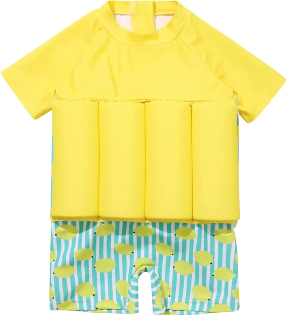 Boy Girls One-Piece Floatation Swimsuit Summer Short Sleeve Bathing Suits with Adjustable Buoyancy Float Suit Swimwear