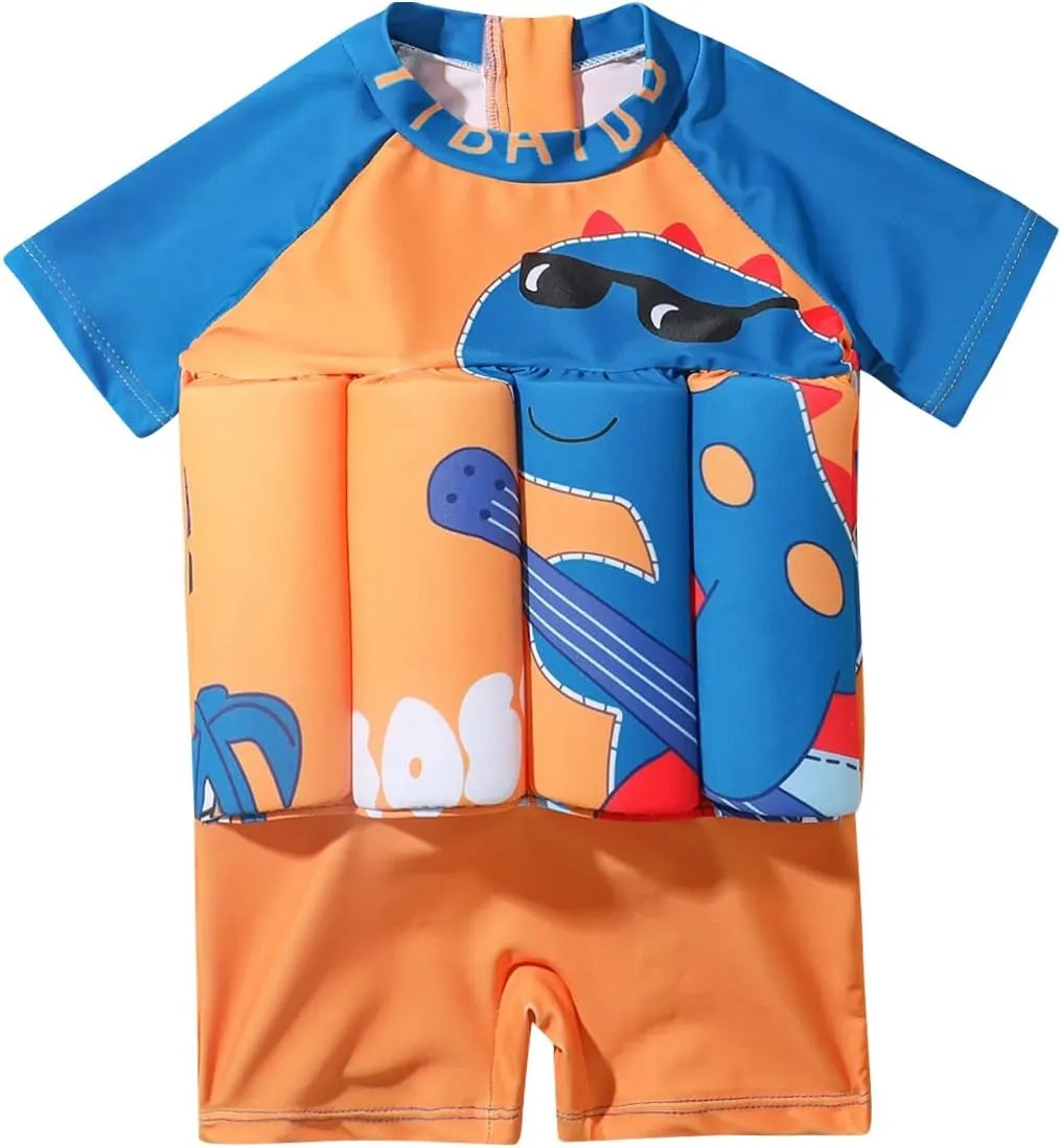Boy Girls One-Piece Floatation Swimsuit Summer Short Sleeve Bathing Suits with Adjustable Buoyancy Float Suit Swimwear