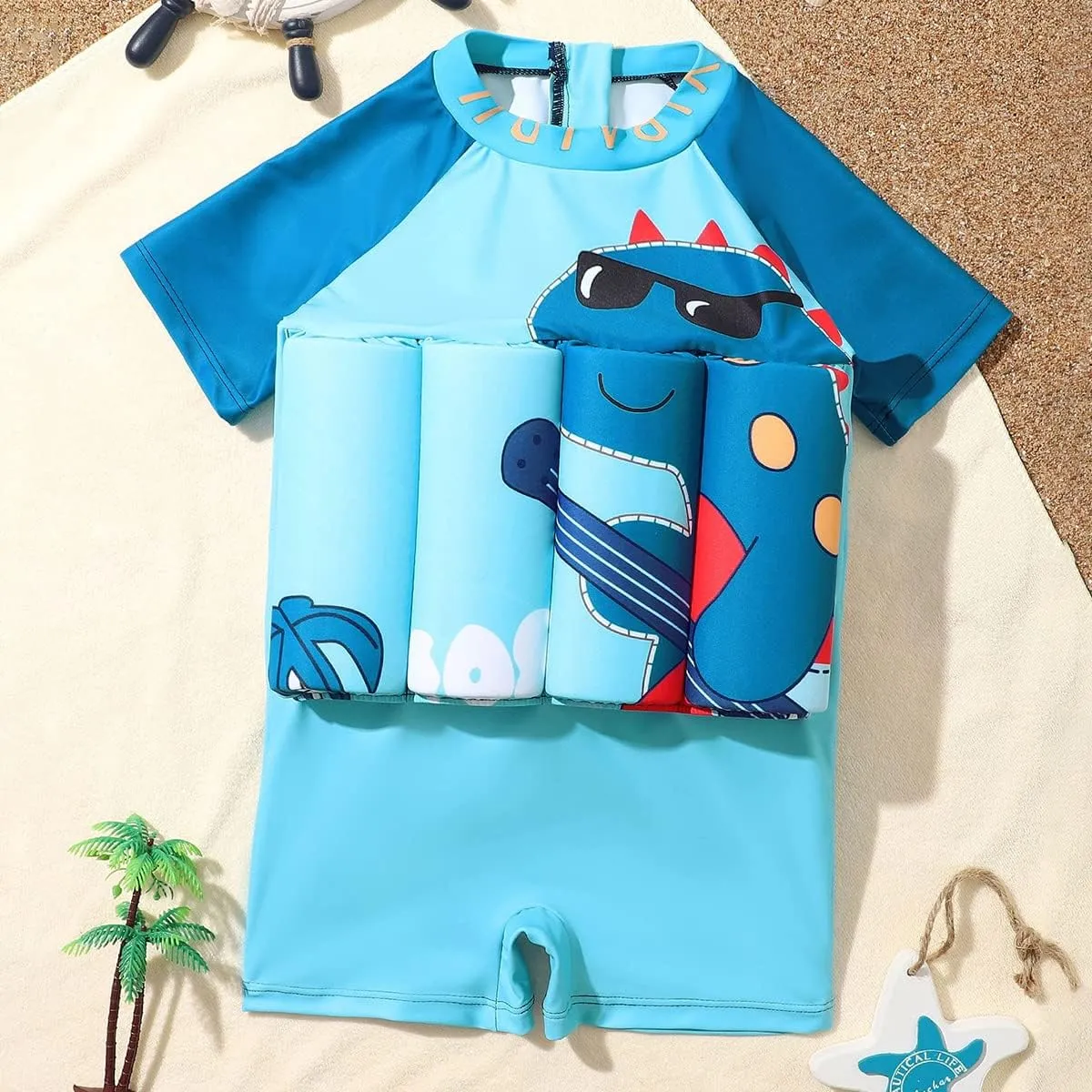Boy Girls One-Piece Floatation Swimsuit Summer Short Sleeve Bathing Suits with Adjustable Buoyancy Float Suit Swimwear