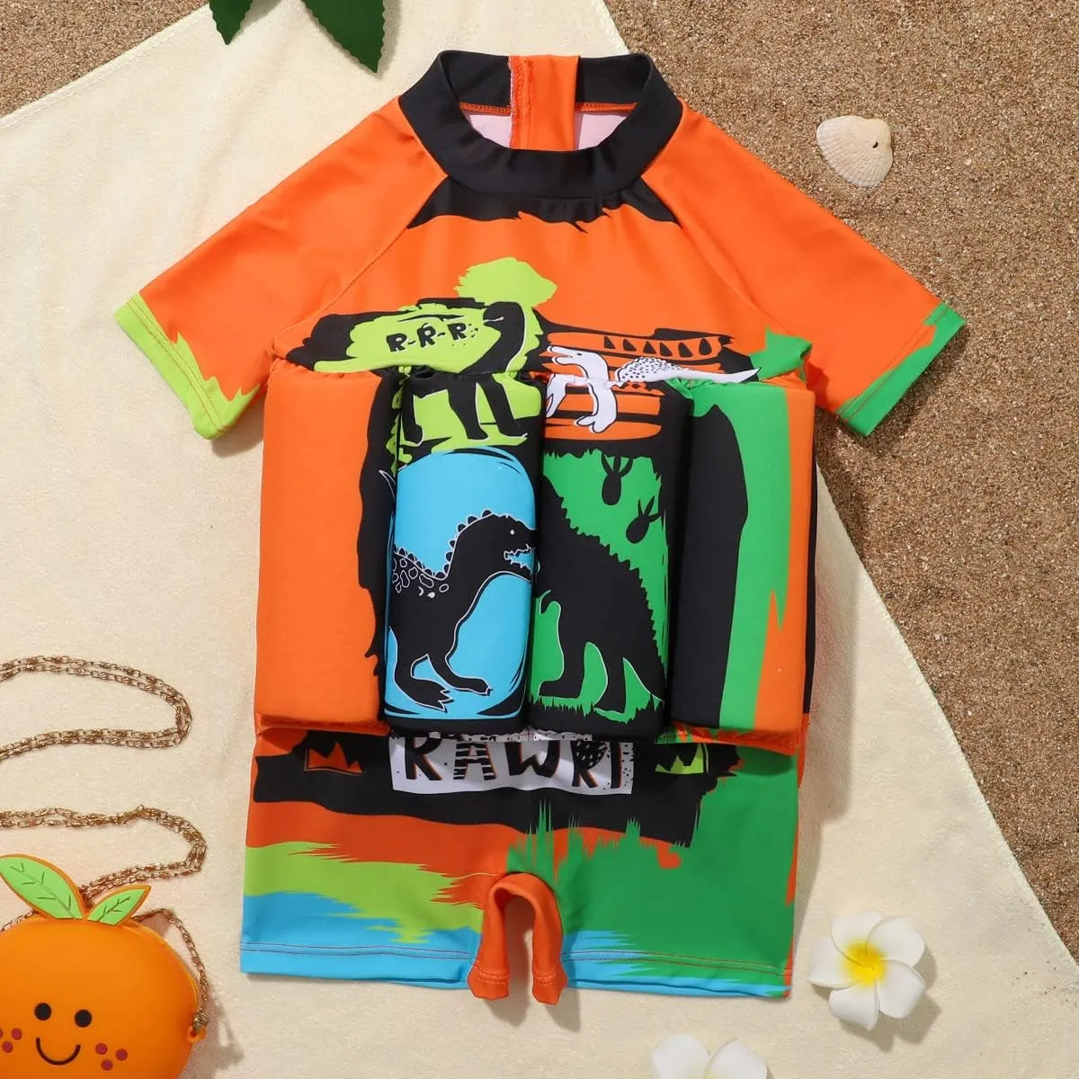 Boy Girls One-Piece Floatation Swimsuit Summer Short Sleeve Bathing Suits with Adjustable Buoyancy Float Suit Swimwear