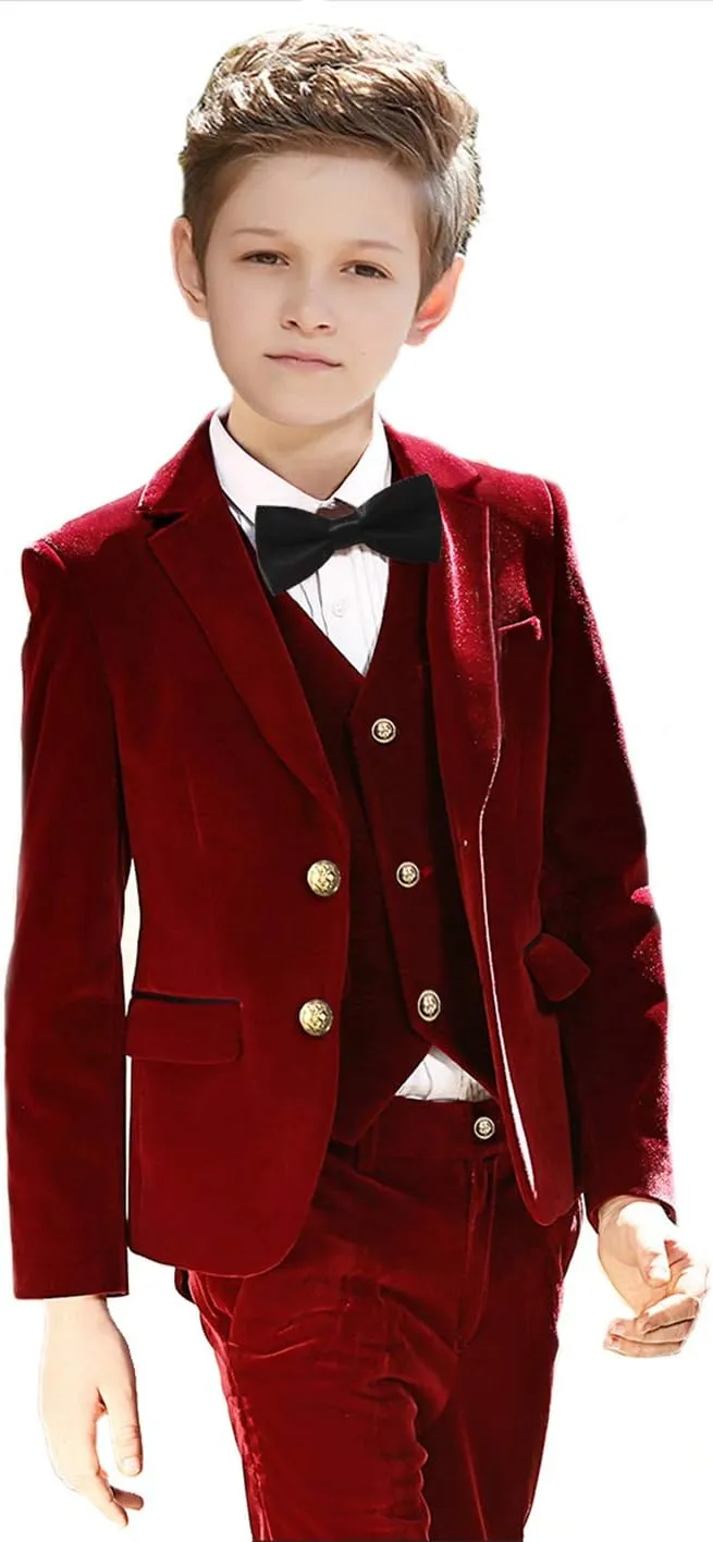 Boy Suits 5 Pieces Outfit Set Boys Velvet Suit Blazer Vest Pants Formal Tuxedo Slim Dresswear