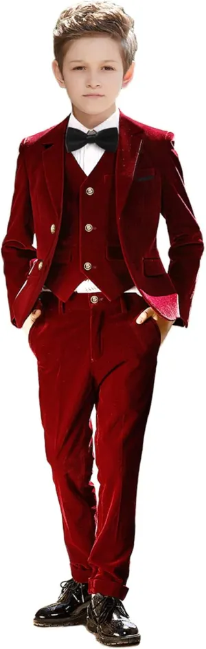 Boy Suits 5 Pieces Outfit Set Boys Velvet Suit Blazer Vest Pants Formal Tuxedo Slim Dresswear