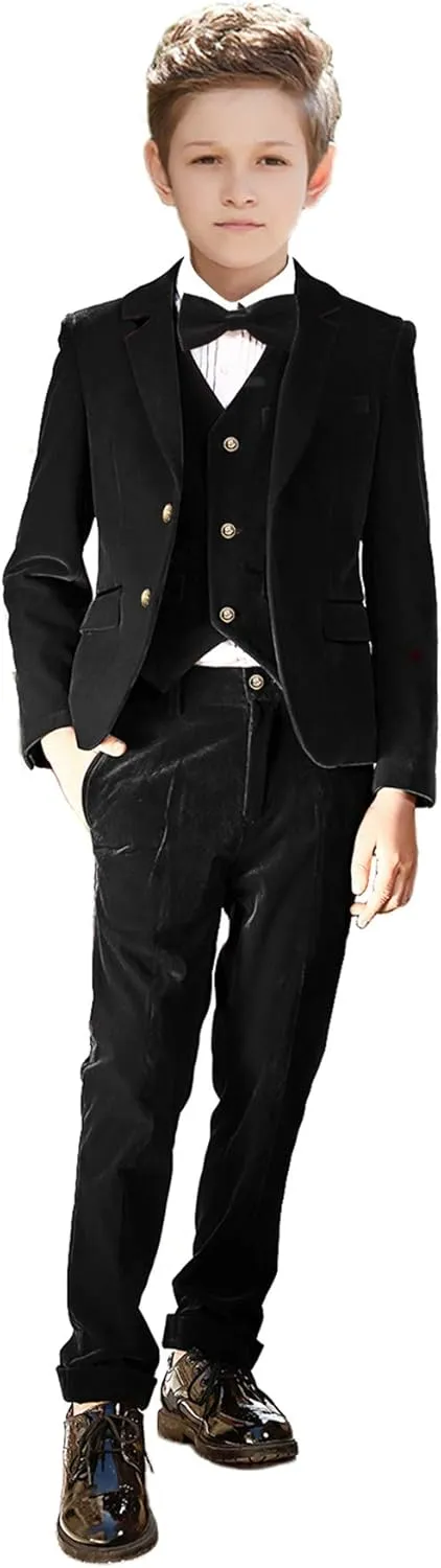 Boy Suits 5 Pieces Outfit Set Boys Velvet Suit Blazer Vest Pants Formal Tuxedo Slim Dresswear