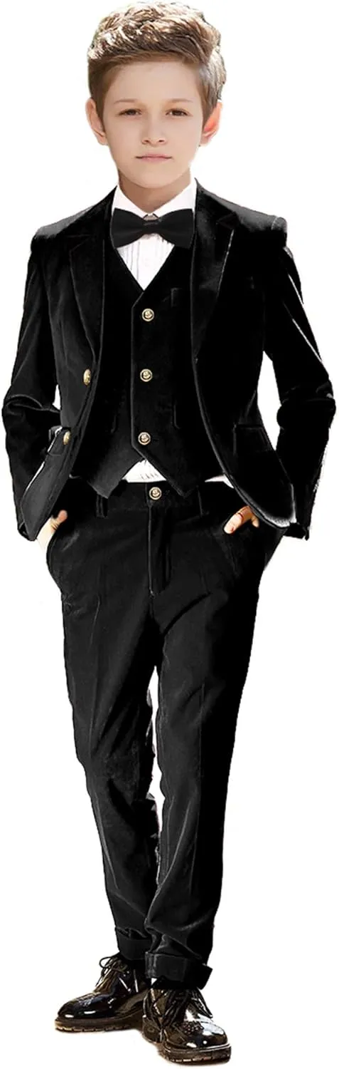 Boy Suits 5 Pieces Outfit Set Boys Velvet Suit Blazer Vest Pants Formal Tuxedo Slim Dresswear