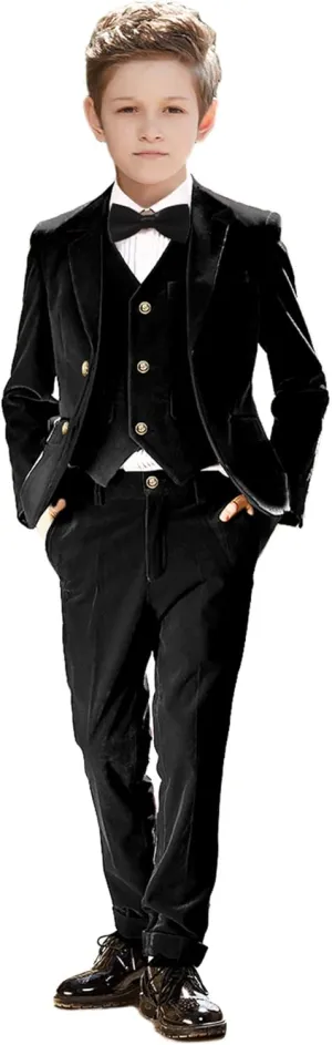 Boy Suits 5 Pieces Outfit Set Boys Velvet Suit Blazer Vest Pants Formal Tuxedo Slim Dresswear