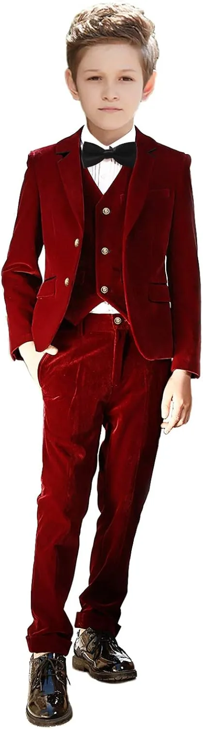 Boy Suits 5 Pieces Outfit Set Boys Velvet Suit Blazer Vest Pants Formal Tuxedo Slim Dresswear