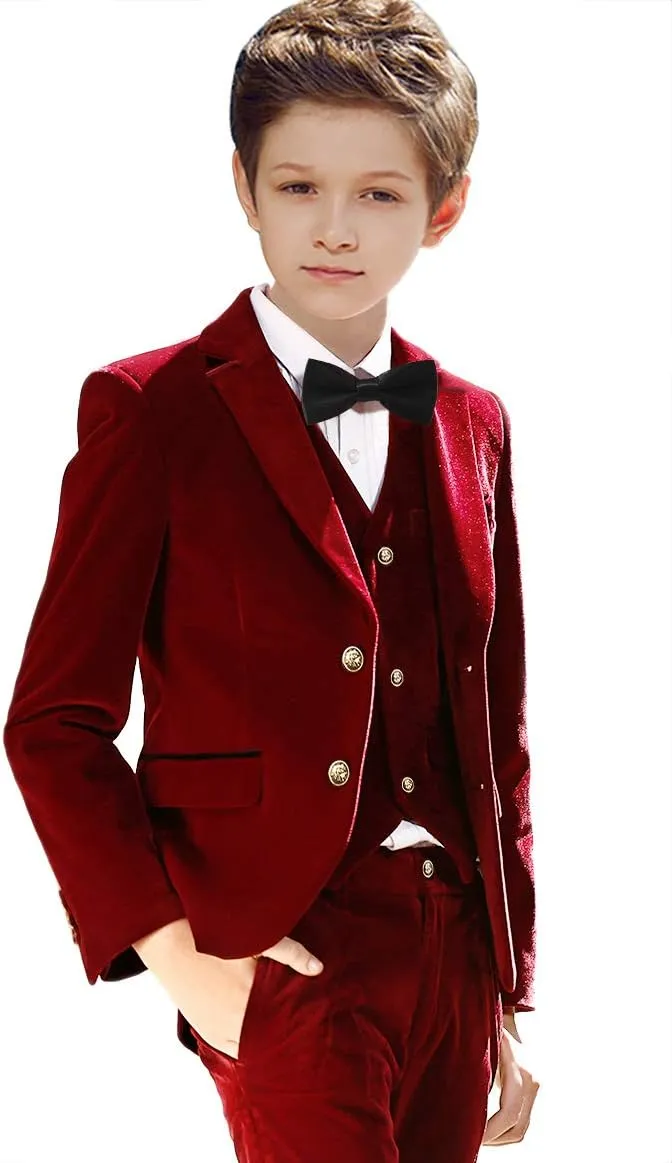 Boy Suits 5 Pieces Outfit Set Boys Velvet Suit Blazer Vest Pants Formal Tuxedo Slim Dresswear