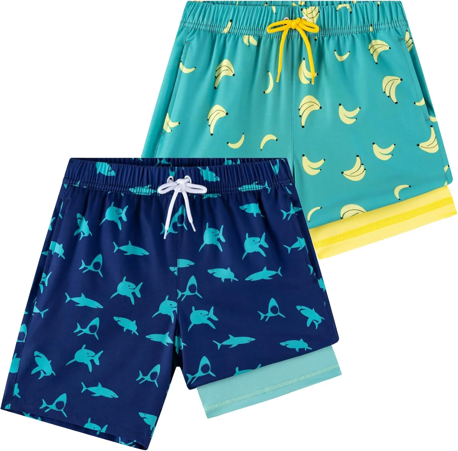Boys Swim Trunks 2 Pack, Bathing Suit with Compression Liner, UPF 50 , Beach Shorts for 5-16 Years