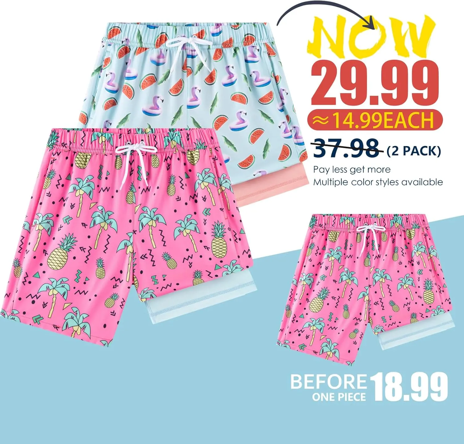 Boys Swim Trunks 2 Pack, Bathing Suit with Compression Liner, UPF 50 , Beach Shorts for 5-16 Years