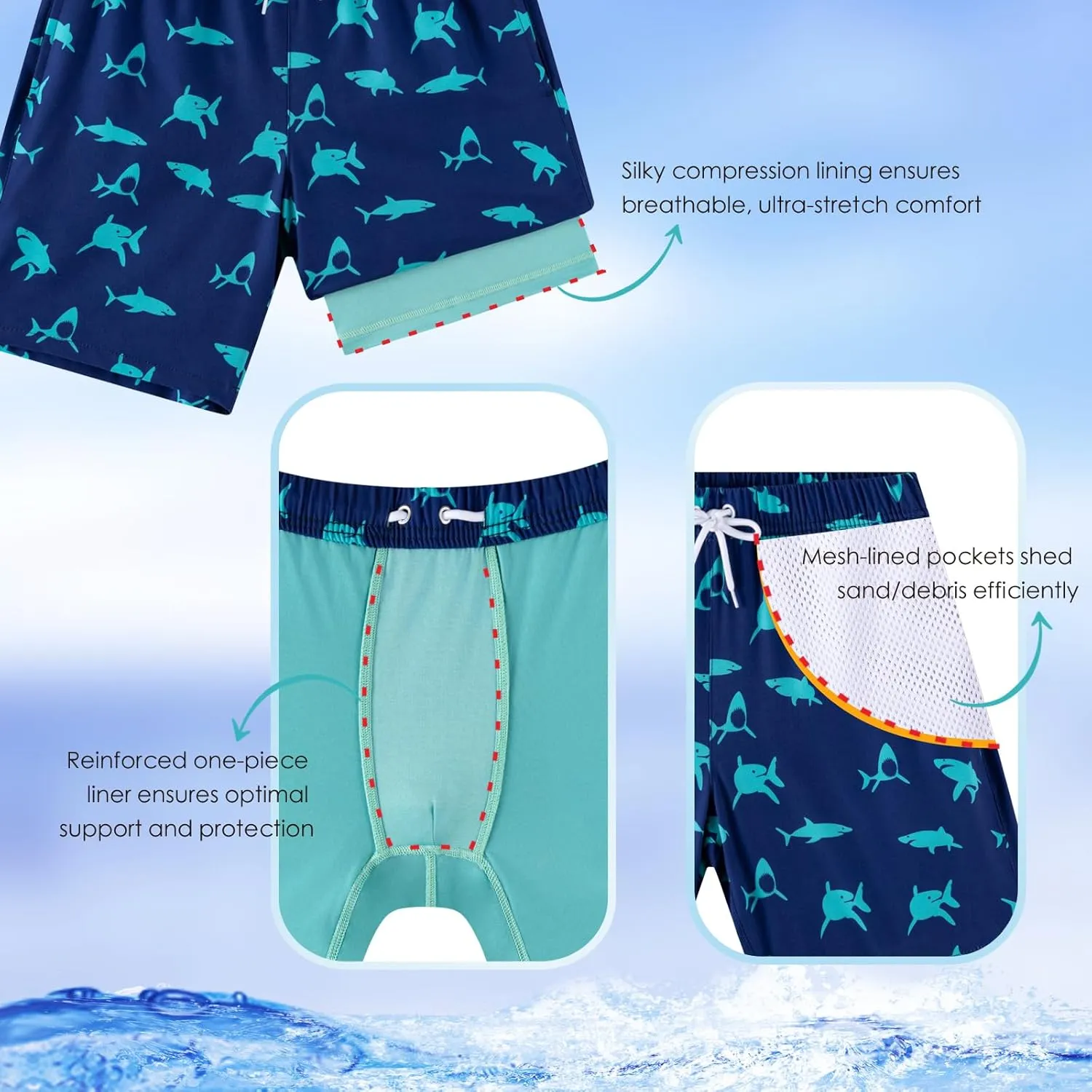 Boys Swim Trunks 2 Pack, Bathing Suit with Compression Liner, UPF 50 , Beach Shorts for 5-16 Years