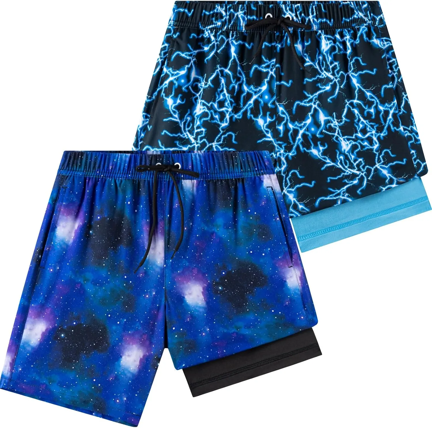 Boys Swim Trunks 2 Pack, Bathing Suit with Compression Liner, UPF 50 , Beach Shorts for 5-16 Years