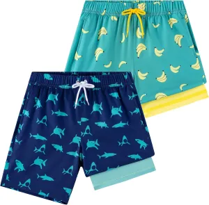 Boys Swim Trunks 2 Pack, Bathing Suit with Compression Liner, UPF 50 , Beach Shorts for 5-16 Years