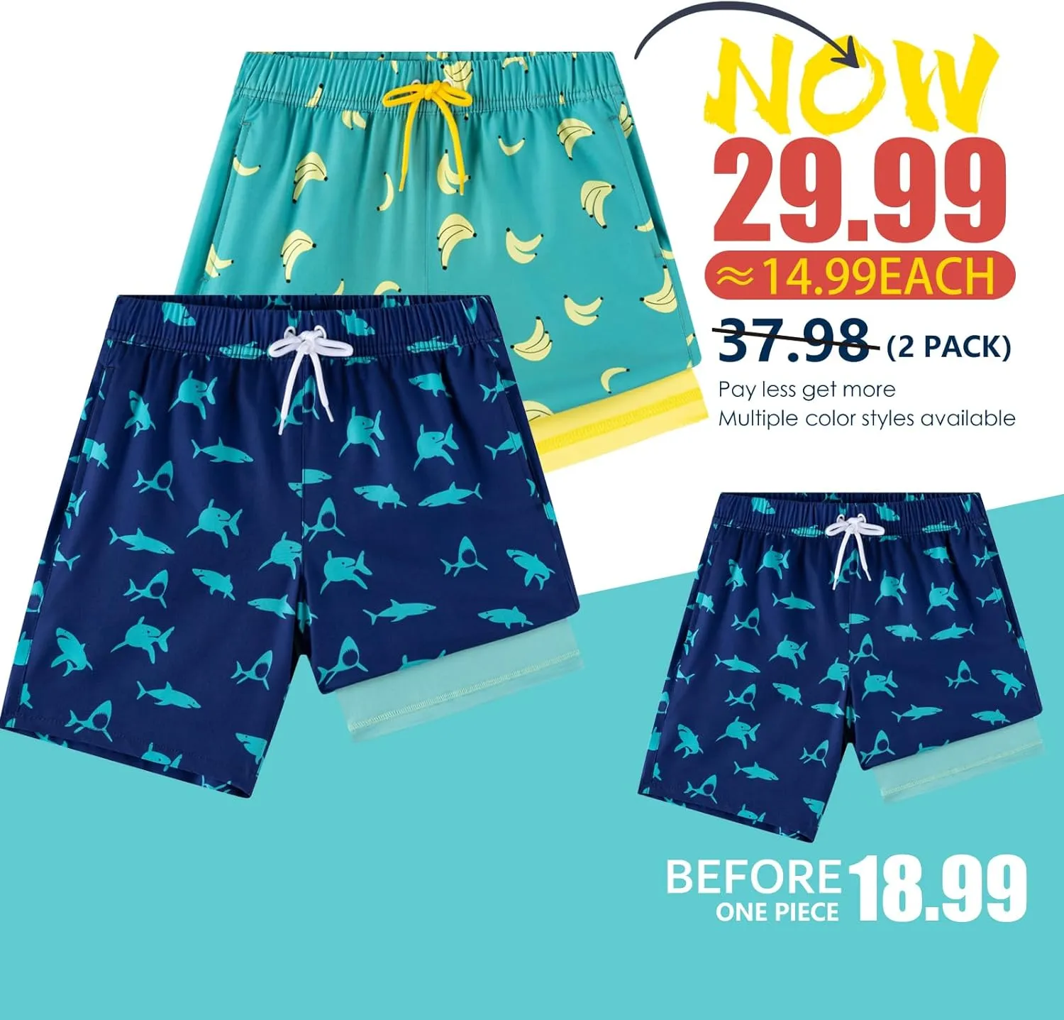 Boys Swim Trunks 2 Pack, Bathing Suit with Compression Liner, UPF 50 , Beach Shorts for 5-16 Years