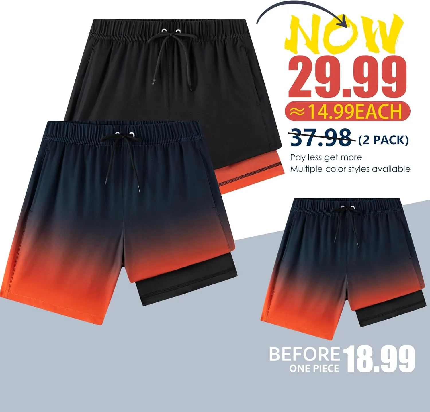 Boys Swim Trunks 2 Pack, Bathing Suit with Compression Liner, UPF 50 , Beach Shorts for 5-16 Years