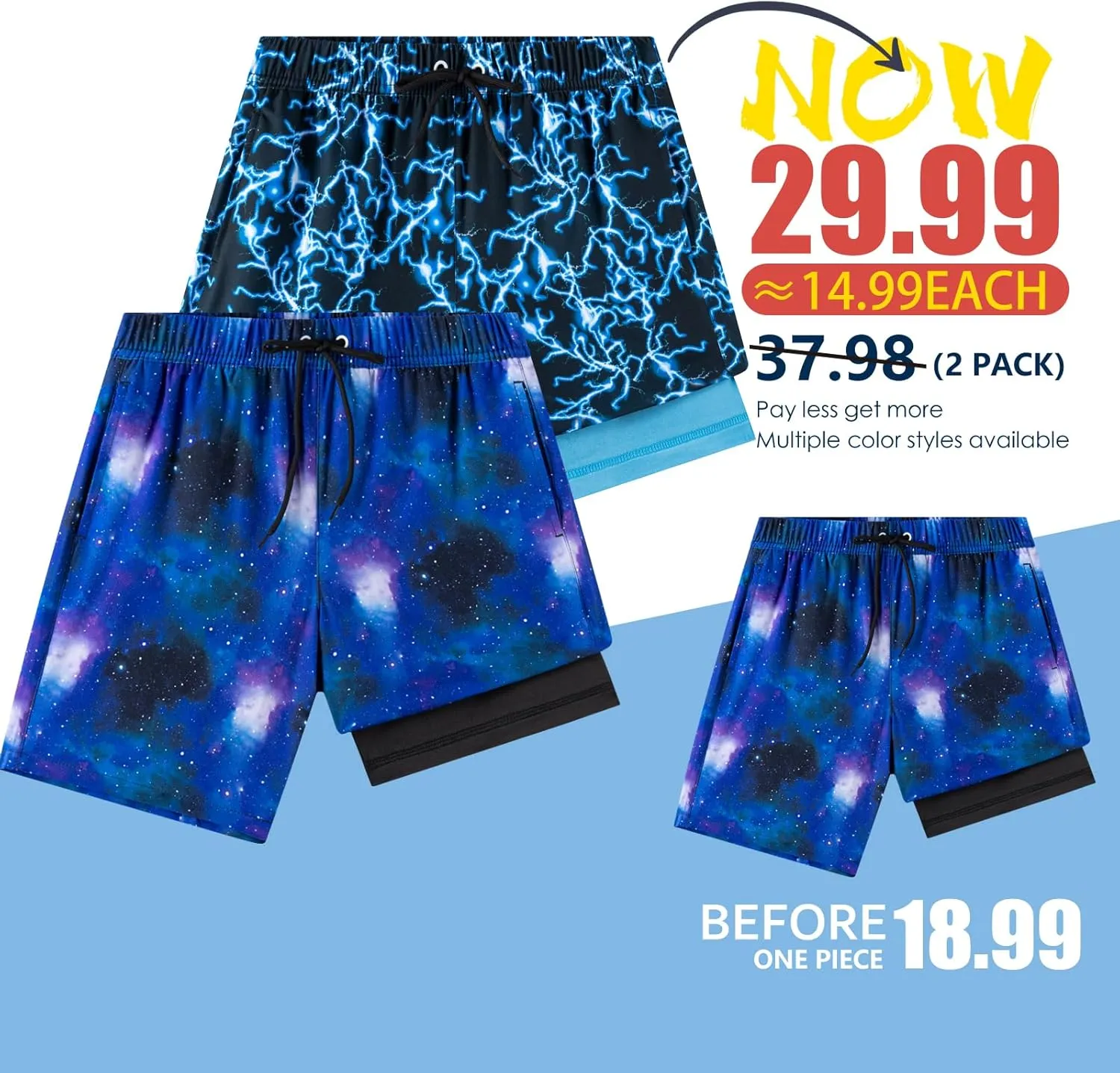 Boys Swim Trunks 2 Pack, Bathing Suit with Compression Liner, UPF 50 , Beach Shorts for 5-16 Years