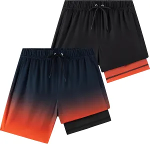Boys Swim Trunks 2 Pack, Bathing Suit with Compression Liner, UPF 50 , Beach Shorts for 5-16 Years