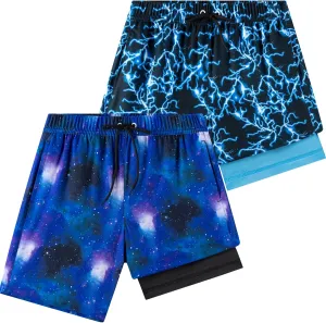 Boys Swim Trunks 2 Pack, Bathing Suit with Compression Liner, UPF 50 , Beach Shorts for 5-16 Years