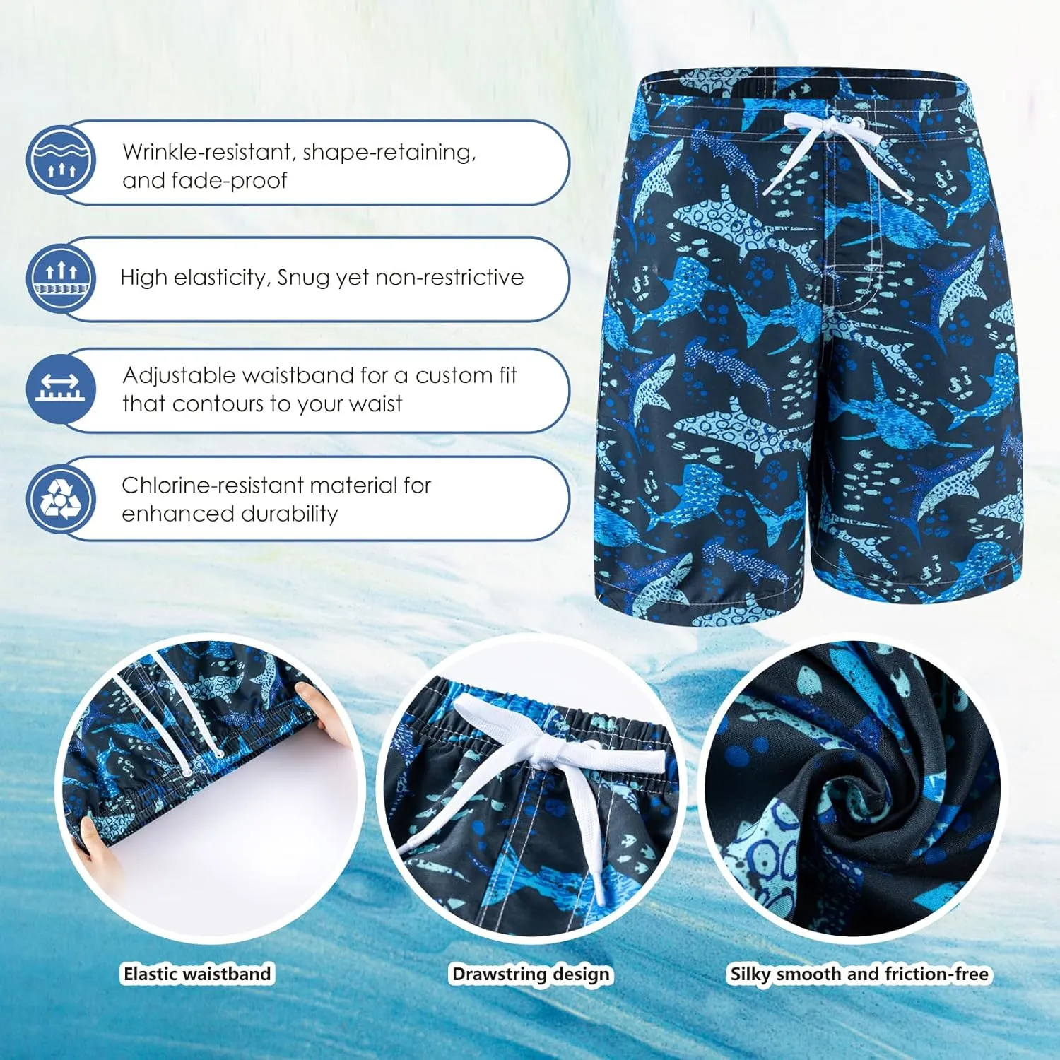 Boys Swim Trunks 3 Pack, Quick Dry Bathing Suit, UPF 50 , Mesh Lining, Beach Shorts for 5-16 Years