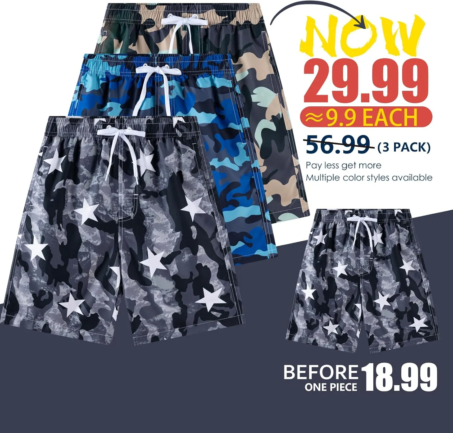 Boys Swim Trunks 3 Pack, Quick Dry Bathing Suit, UPF 50 , Mesh Lining, Beach Shorts for 5-16 Years