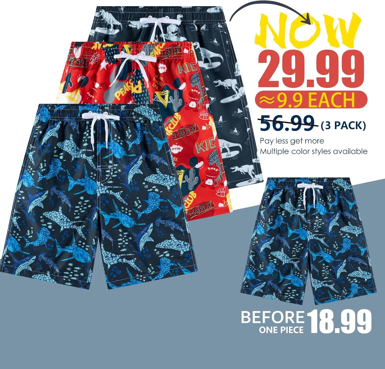 Boys Swim Trunks 3 Pack, Quick Dry Bathing Suit, UPF 50 , Mesh Lining, Beach Shorts for 5-16 Years