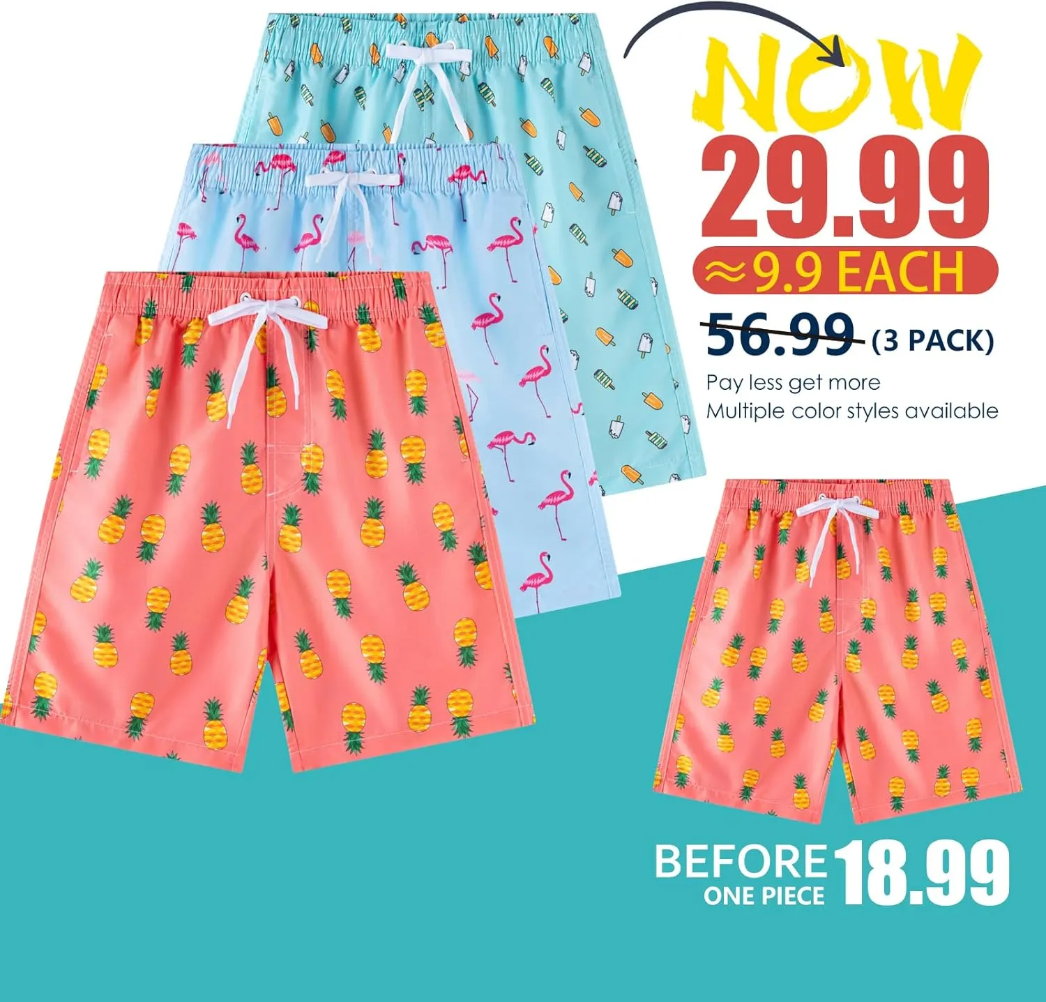 Boys Swim Trunks 3 Pack, Quick Dry Bathing Suit, UPF 50 , Mesh Lining, Beach Shorts for 5-16 Years