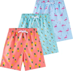 Boys Swim Trunks 3 Pack, Quick Dry Bathing Suit, UPF 50 , Mesh Lining, Beach Shorts for 5-16 Years