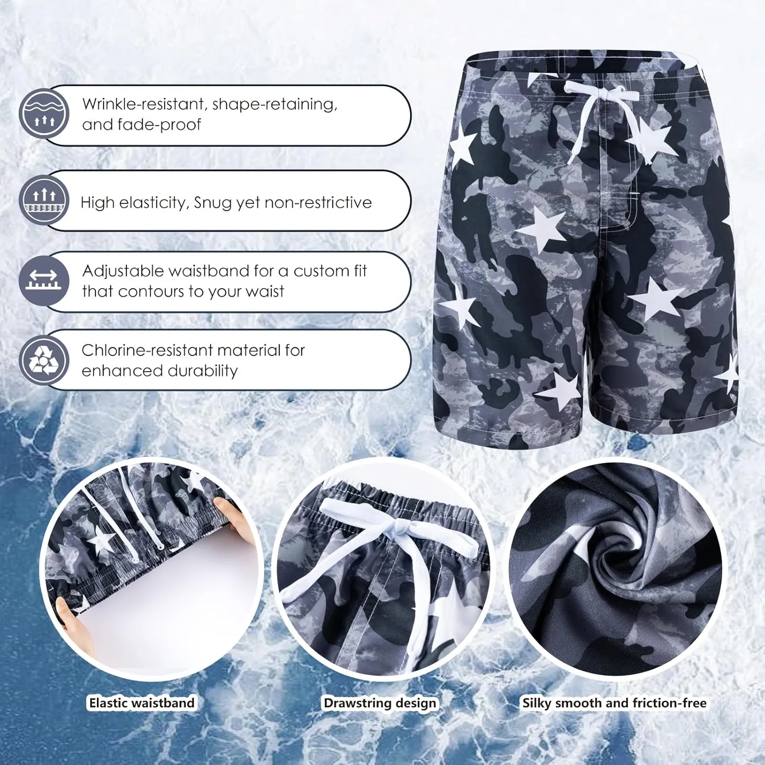 Boys Swim Trunks 3 Pack, Quick Dry Bathing Suit, UPF 50 , Mesh Lining, Beach Shorts for 5-16 Years