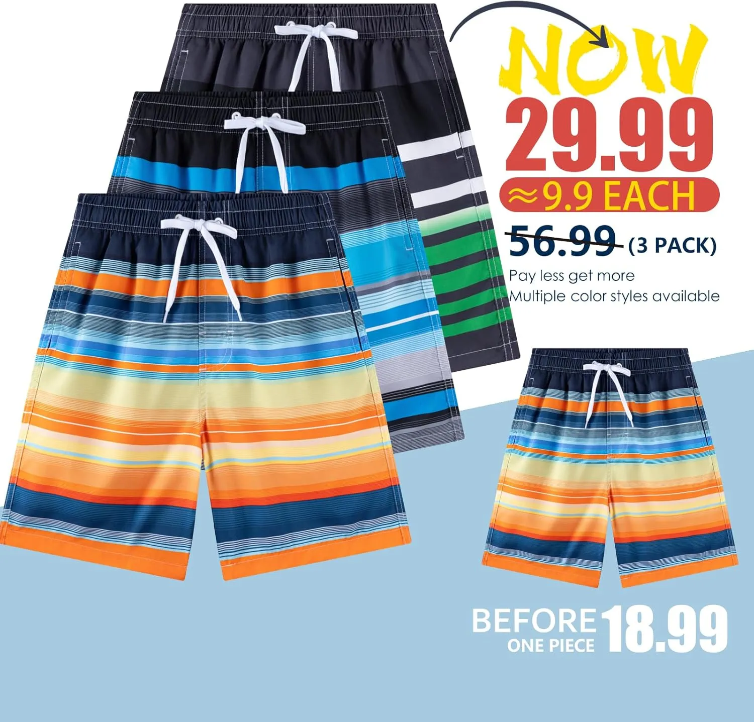 Boys Swim Trunks 3 Pack, Quick Dry Bathing Suit, UPF 50 , Mesh Lining, Beach Shorts for 5-16 Years