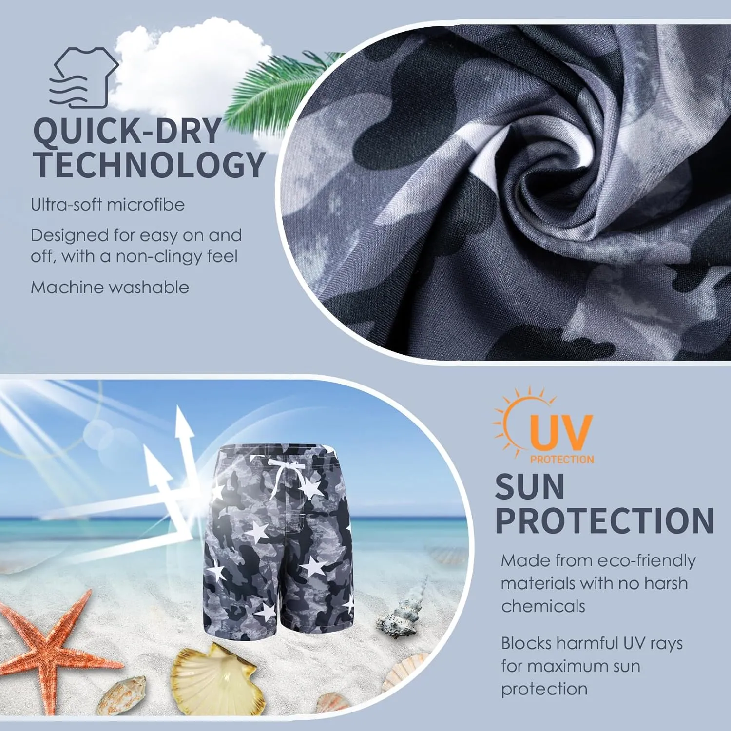 Boys Swim Trunks 3 Pack, Quick Dry Bathing Suit, UPF 50 , Mesh Lining, Beach Shorts for 5-16 Years