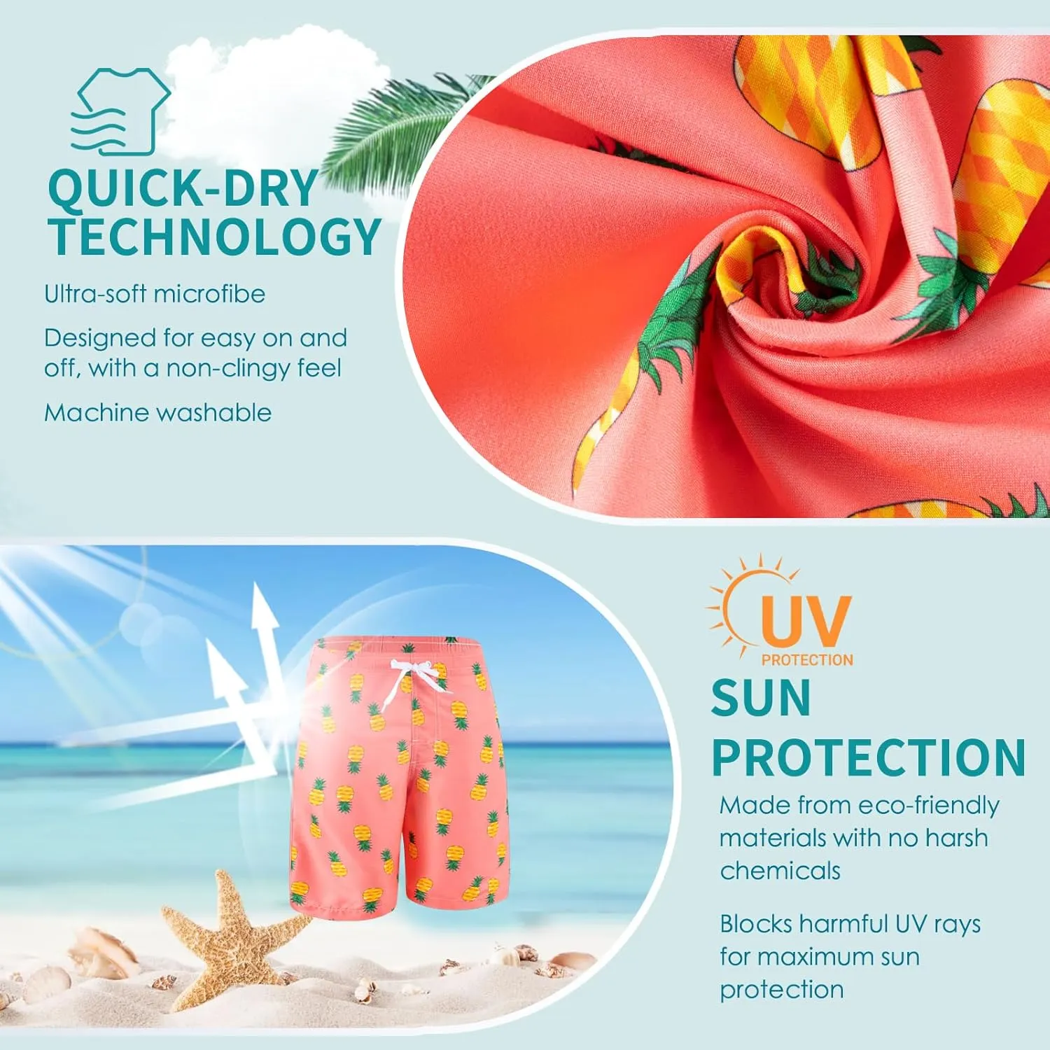 Boys Swim Trunks 3 Pack, Quick Dry Bathing Suit, UPF 50 , Mesh Lining, Beach Shorts for 5-16 Years