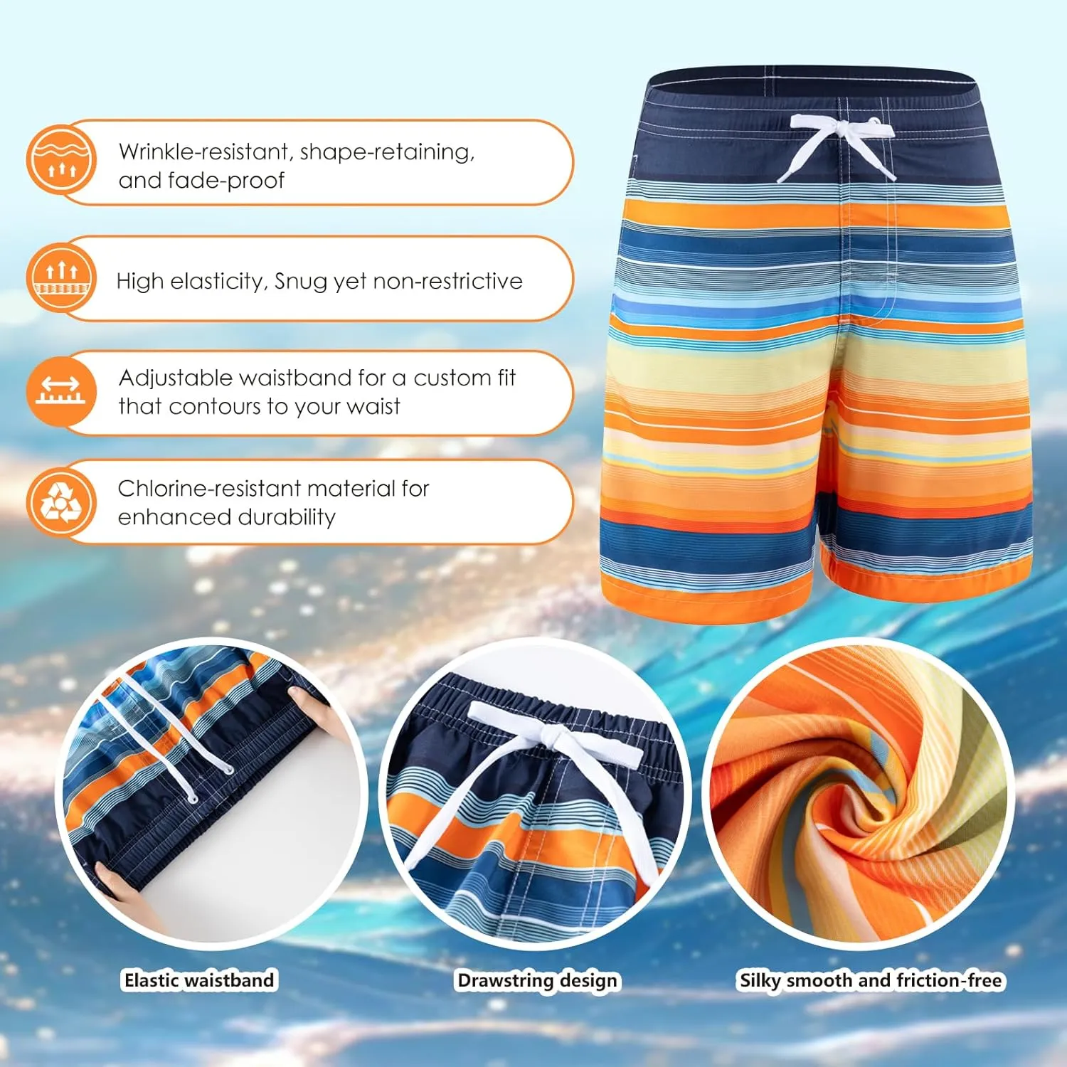 Boys Swim Trunks 3 Pack, Quick Dry Bathing Suit, UPF 50 , Mesh Lining, Beach Shorts for 5-16 Years