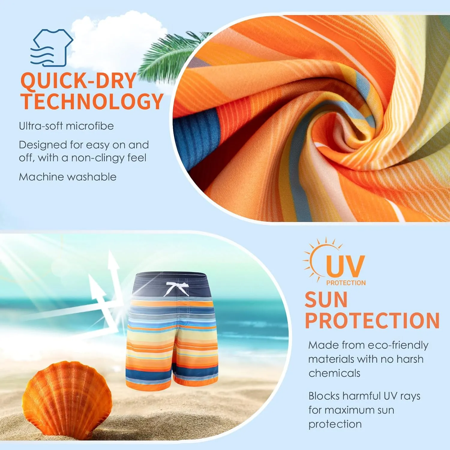 Boys Swim Trunks 3 Pack, Quick Dry Bathing Suit, UPF 50 , Mesh Lining, Beach Shorts for 5-16 Years
