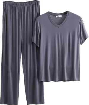 Cambkatl Men's Summer Pajamas Set Pullover Short Sleeve V Neck Shirts Matching Long Pants 2 Piece Lounge Sets Comfy Sleepwear