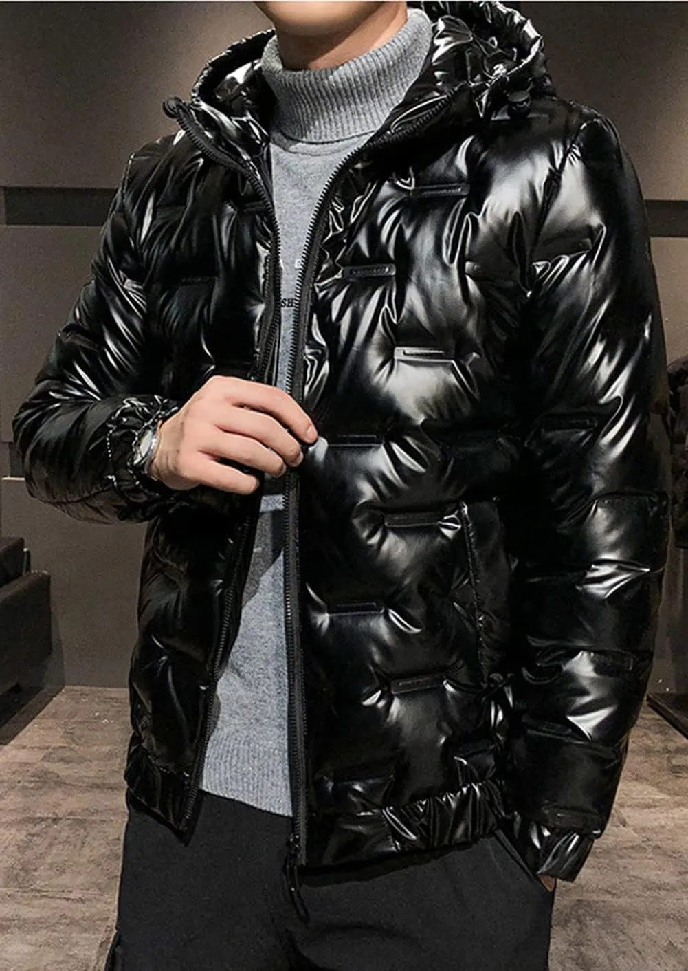 CHARTOU Men's Winter Metallic Zip Up Hooded Down Puffer Jacket Warm Parka Coat Waterproof Anorak