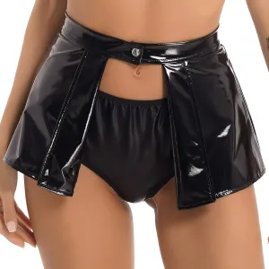 CHICTRY Latex Metallic Skirt for Women Patent Leather Open Front Sexy Pleated Mini Skater Skirt