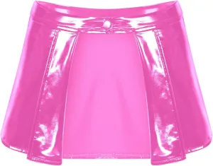 CHICTRY Latex Metallic Skirt for Women Patent Leather Open Front Sexy Pleated Mini Skater Skirt